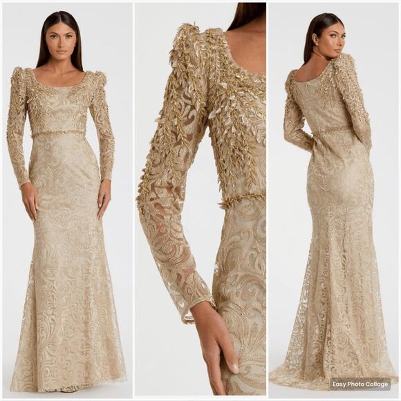 NWT Mac Duggal 11187 Gold Embroidered Lace Applique Shoulder Detail Trumpet Gown - Picture 1 of 15
